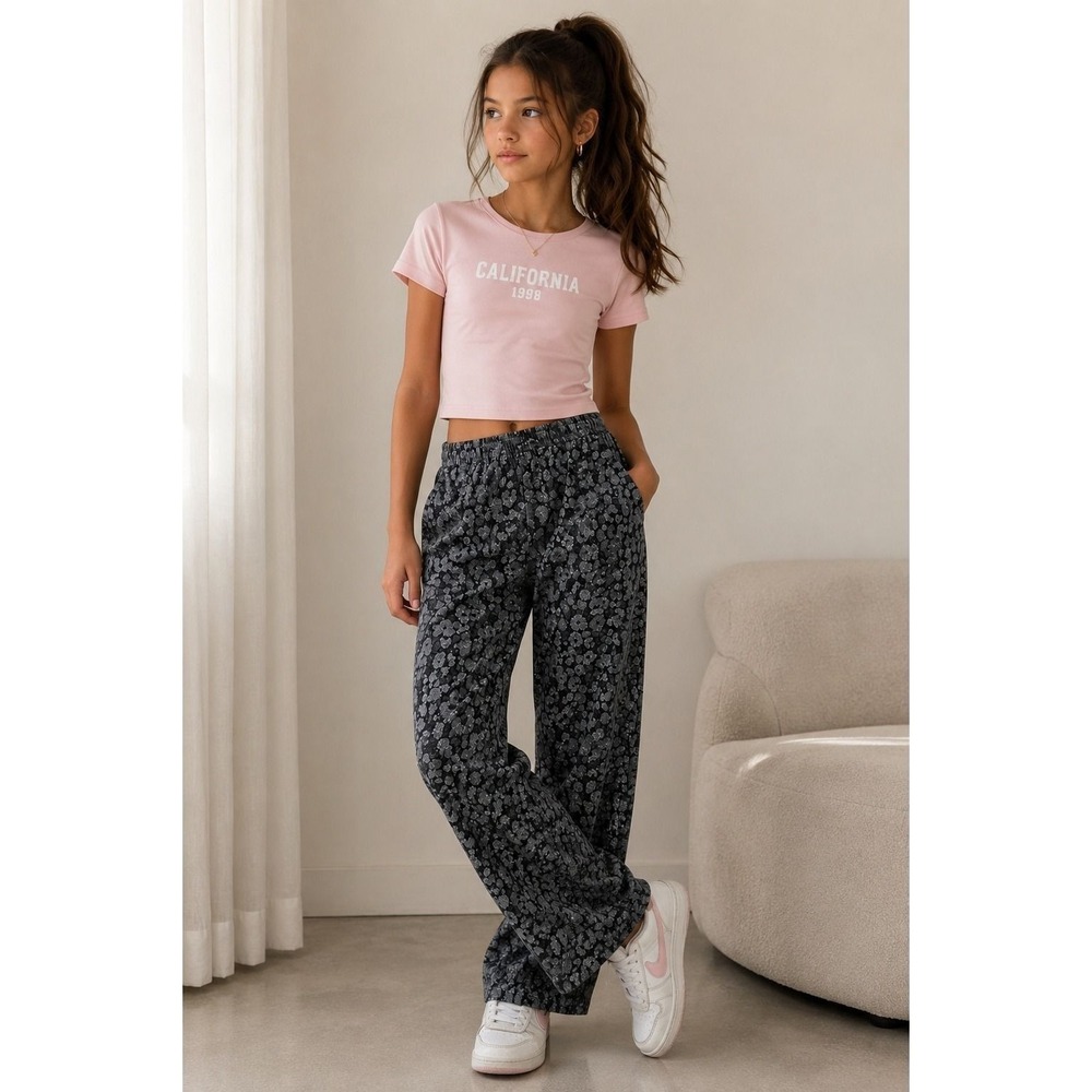 RULUV Gray Floral Elastic Waist Lounge Pants Size Large